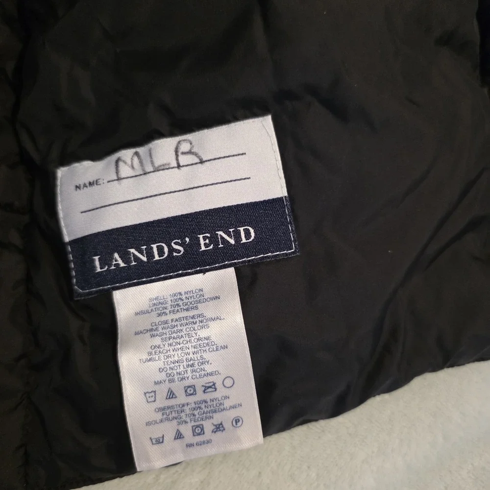 Lands End Puffer Vest Youth Sz Medium 5-6 Black Snap Front Goosedown Lightweight